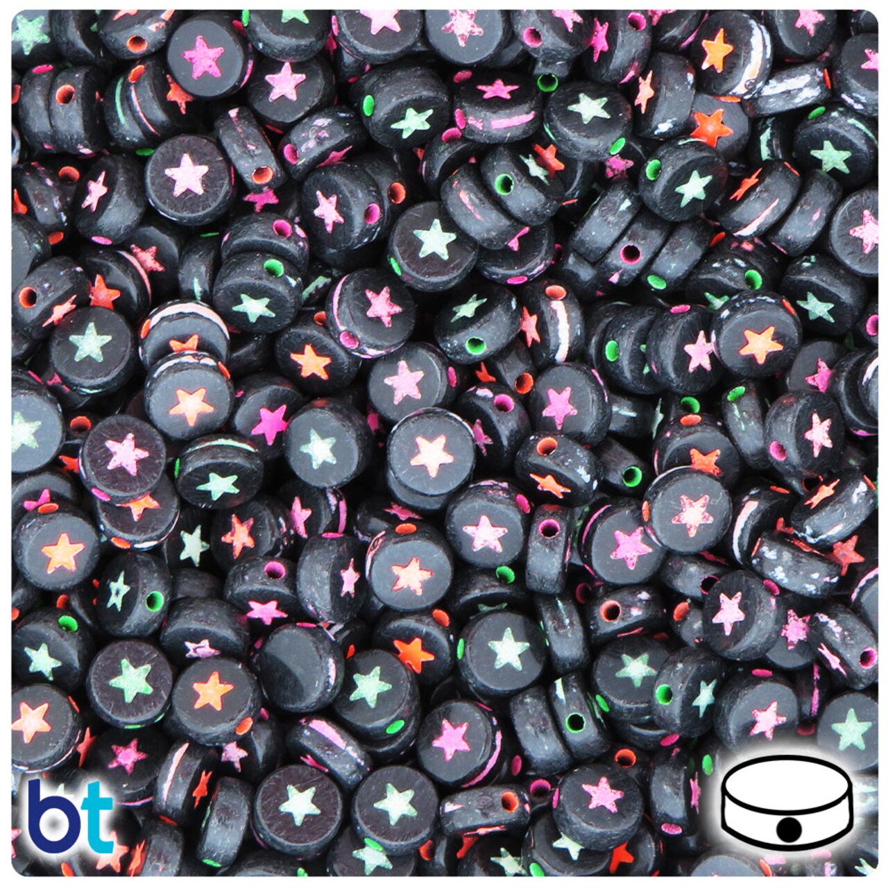 BeadTin Black Opaque 7mm Coin Plastic Alpha Beads - Colored Stars (250pcs)